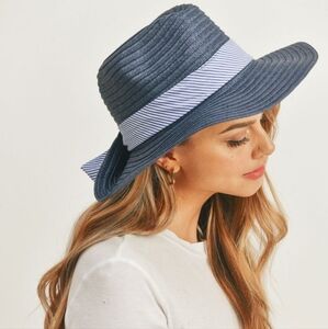 Navy Striped Bow Fedora Hat